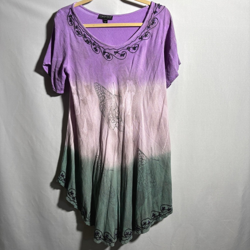 Purple Green Ombre Butterfly Tunic‎ Dress Fairy Grunge Boho Embroidered Beaded